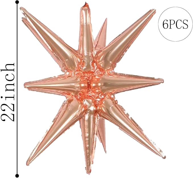 6 Pcs Rose Gold Star Foil Balloons One-Piece 14-Pointed Star Balloon 4D Cone Mylar 22inch Christmas Birthday Wedding Fireworks Shape Party Supplies (Rose Gold)