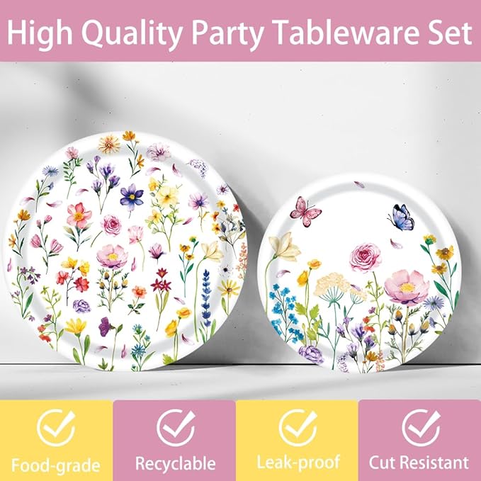 120Pcs Wildflower Plates Napkins Flower Birthday Party Supplies Floral Baby Shower Decorations Watercolor Colorful Cups Forks Spring Paper Disposable Tableware Set for 24 Guests