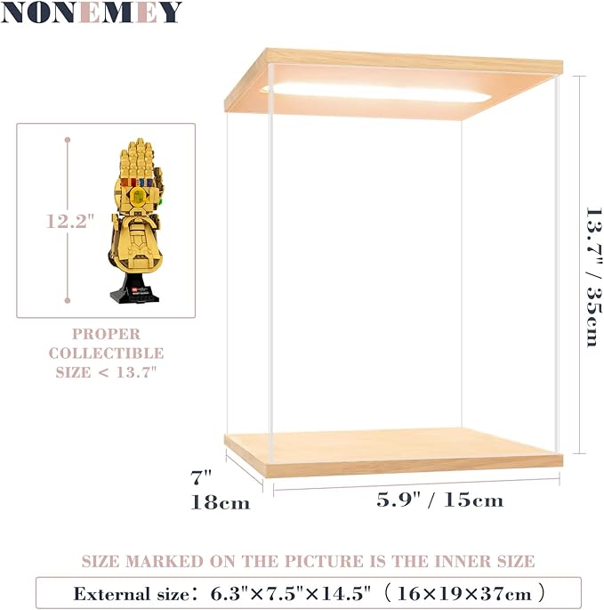 NONEMEY Acrylic Display Case with Led light for Lego 76191 76223，Assemble Clear Acrylic Display Case Stand Dustproof Protection Showcase Organizer Box for Action Figures (6.3x7.5x14.5inch, 16x19x37cm)