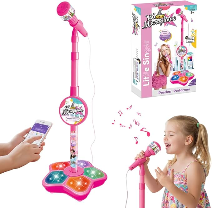 The All in One Microphone Toy, Star Microphone with Stand, Kid Star Microphones Toy Karaoke Machine with Lights, Speaker & Echo Effects, Move to Play (Pink)