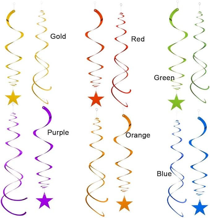 Rainbow Party Star Swirl,Foil Ceiling Hanging Swirl Decorations with Star, Whirls Decorations for Party, Pack of 36,Green Red Yellow Blue Purple Orange