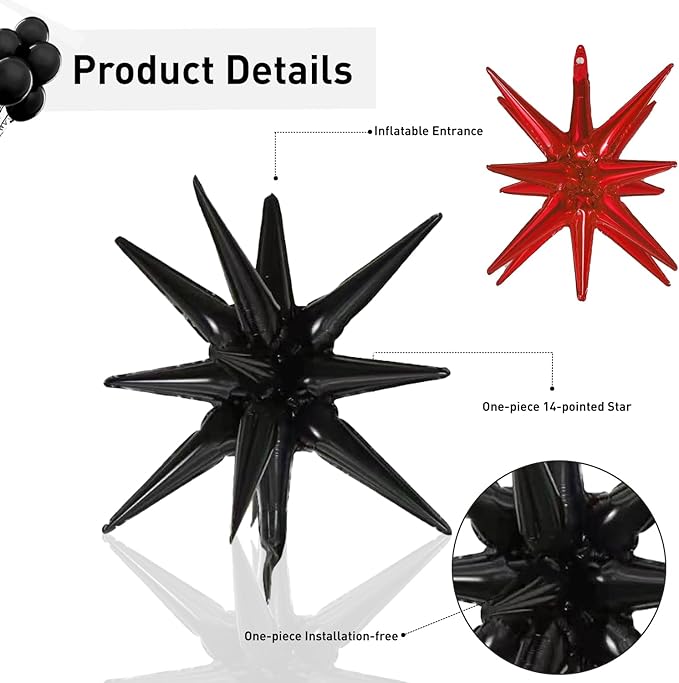 6 Pcs Star Foil Balloons One-Piece 14-Pointed Star Balloon 4D Starburst Cone Mylar Balloon 22inch Christmas Birthday Wedding Wedding Anniversary Party Supplies (Black + Red)