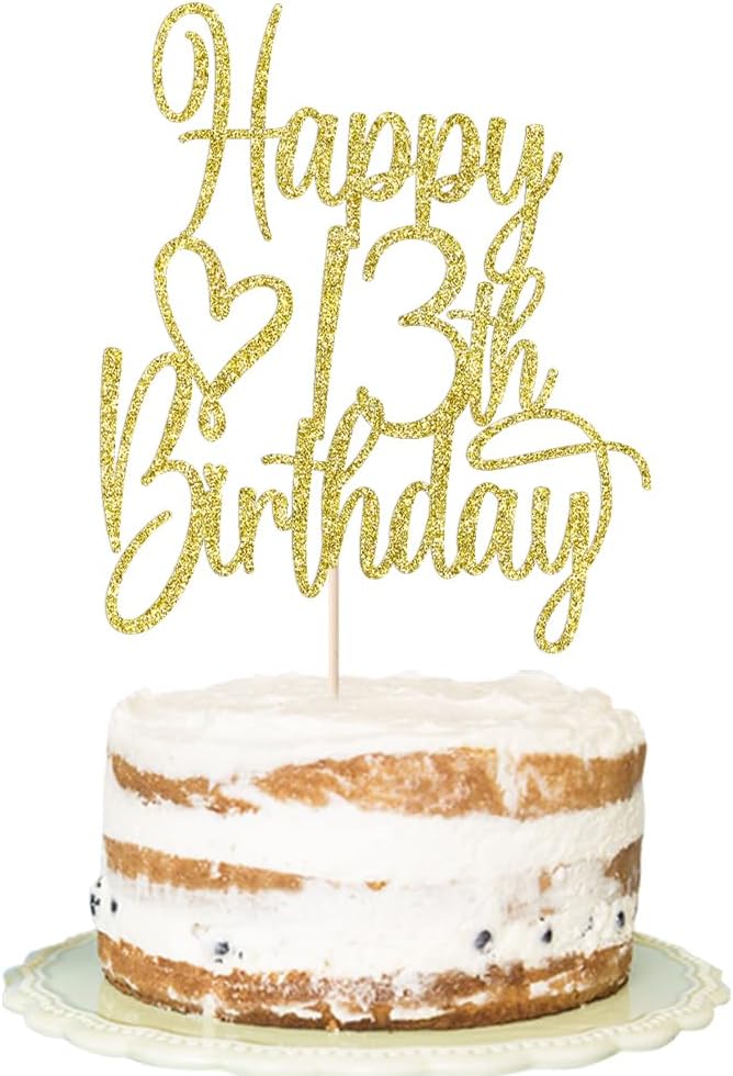 Gold Glitter Happy 13th Birthday Cake Topper - Cheers to 13 Years Cake Topper, 13 & Fabulous Cake Decoration for Hello 13th Birthday Anniversary Party Cake Decorations Supplies