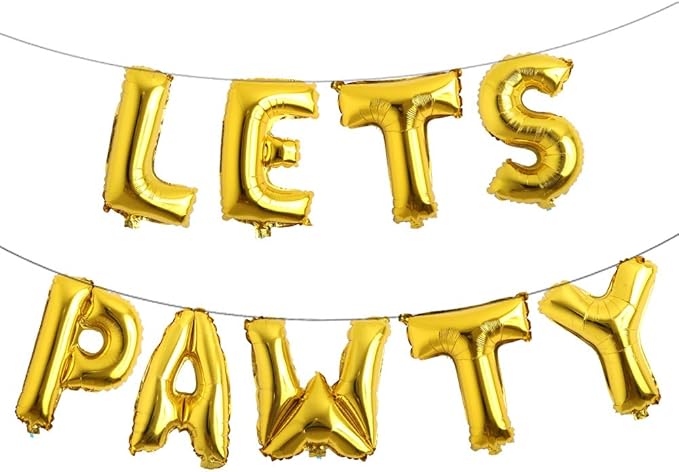 9PCS 16'' Foil Balloon Dog Pet Birthday Lets Pawty Balloons,Happy Birthday Banner for Pet Dog Party Supplies Decoration Set (Gold)