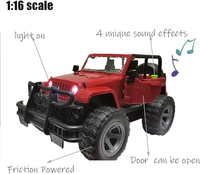 Car Toy 1:16 Off-Road Military Fighter Friction Powered Toy Vehicle with Fun Lights and Sounds