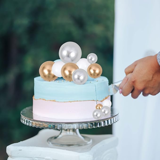Gyufise 30Pcs Balls Cake Topper Foam Ball Cake Picks Mini Balloon DIY Cake Insert Topper Decoration for Baby Shower Wedding Anniversary Kids Birthday Party Cake Decorations Gold Silver White