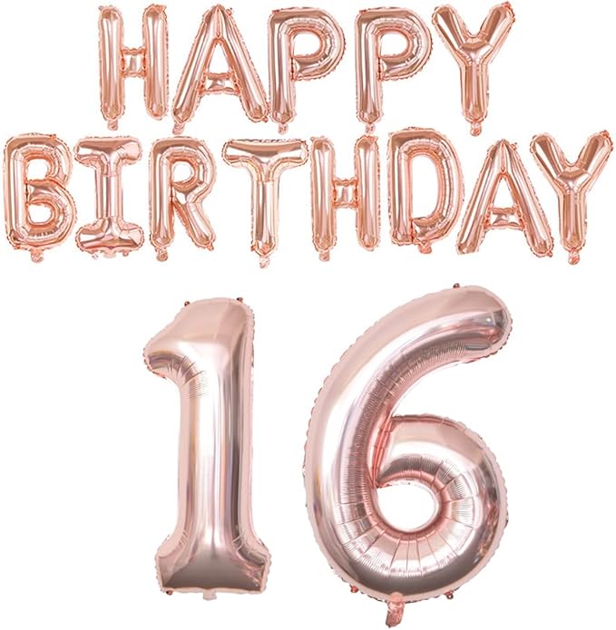 Happy Birthday Balloon Banner 40 inch 16 Balloon Number 16 Inch Happy Birthday Letters Balloons Rose Gold Foil Mylar Balloons for 16th Birthday Decorations Party Supplies