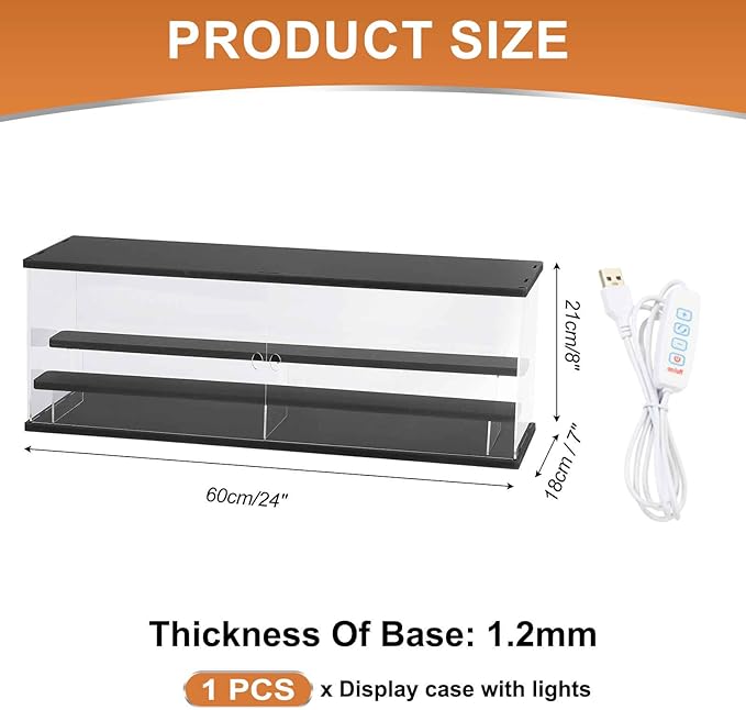 MECCANIXITY Clear Display Case, 3 Layer Acrylic Figure Display Case Clear Display Boxes for Collectibles, Figures Model Toys Home Storage(with Square LED Light, 24x7x8 Inch Black Base)