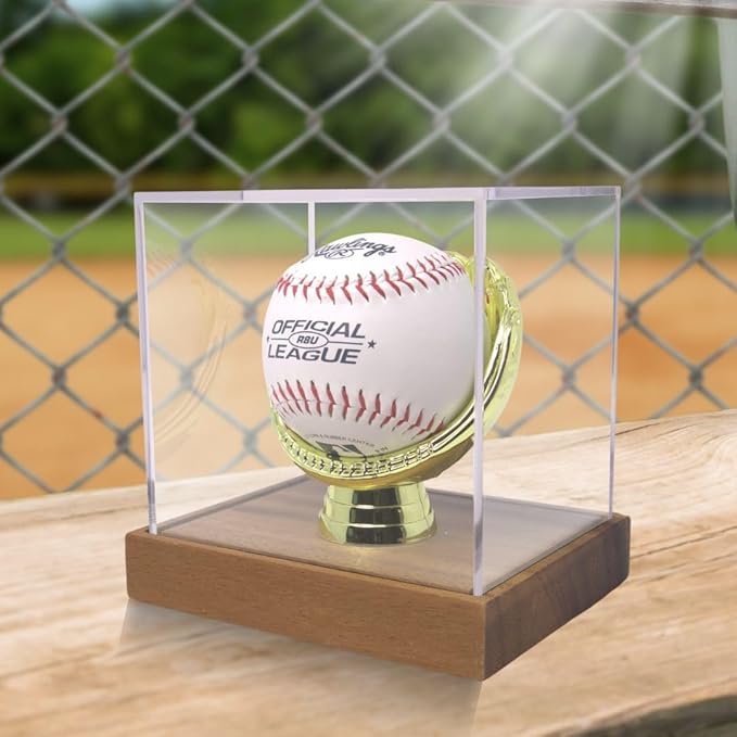 Gold Glove Baseball Display Case Holder Walnut Wood by Display Zone – Clear Homerun Cube Keepsake Box for Signed, Autograph, and Game Balls - Real Walnut Wooden Base
