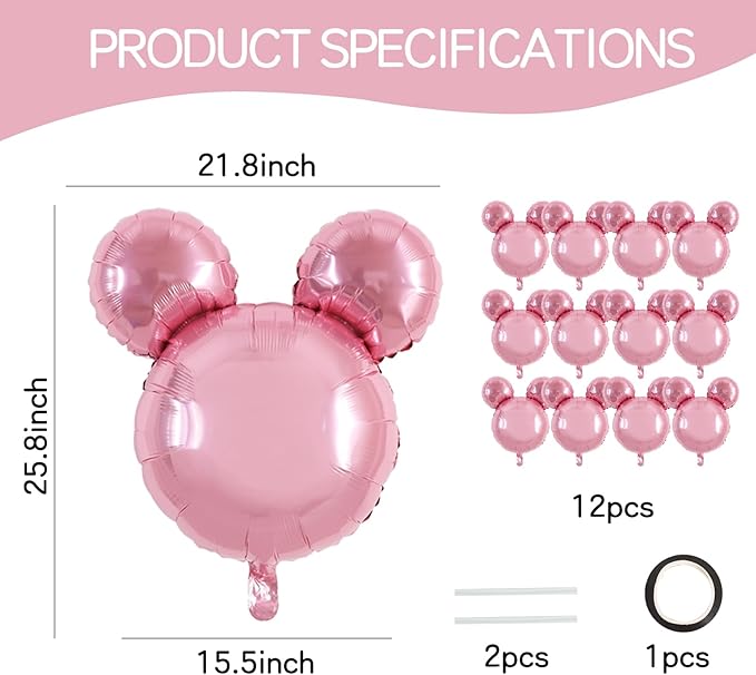 Vuzvuv 12pcs 24 Inches Mouse Head Foil Balloons, Pink Mouse Shaped Balloon for Birthday Party, Baby Shower,Theme Party Decoration,Graduation Party Supplies