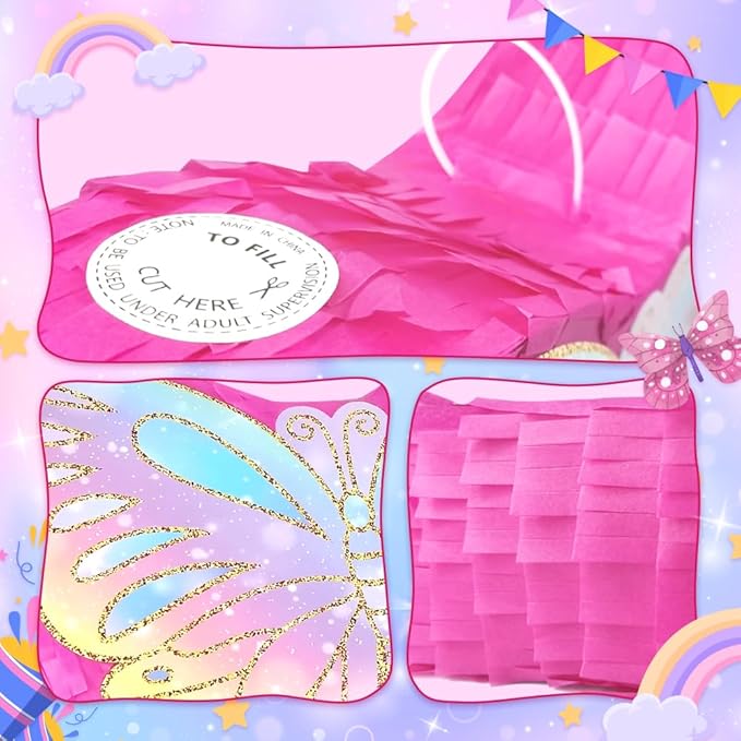 Butterfly Pinata for Birthday Party Supplies Colorful Butterfly Pinata with Stick and Blindfold Butterfly Themed Party Decoration, Small Pinata Party Supplies(16 x 12.6 x 4.2 In)