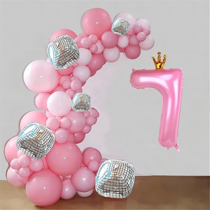 40 Inch Crown Pink Number 7 Balloon, Big Conjoined Baby Foil Mylar Helium 7 Balloon | Girls 7th Birthday Party Balloon Princess Theme Decorations Supplies Favors
