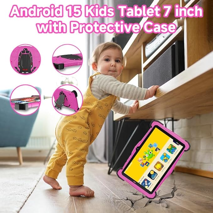 Kids Tablet 7 inch Android 15, Tablet for Kids with 10GB RAM 64GB ROM Bluetooth IPS Screen Parental Control Dual Camera Shockproof Case for Educational Games (Pink)