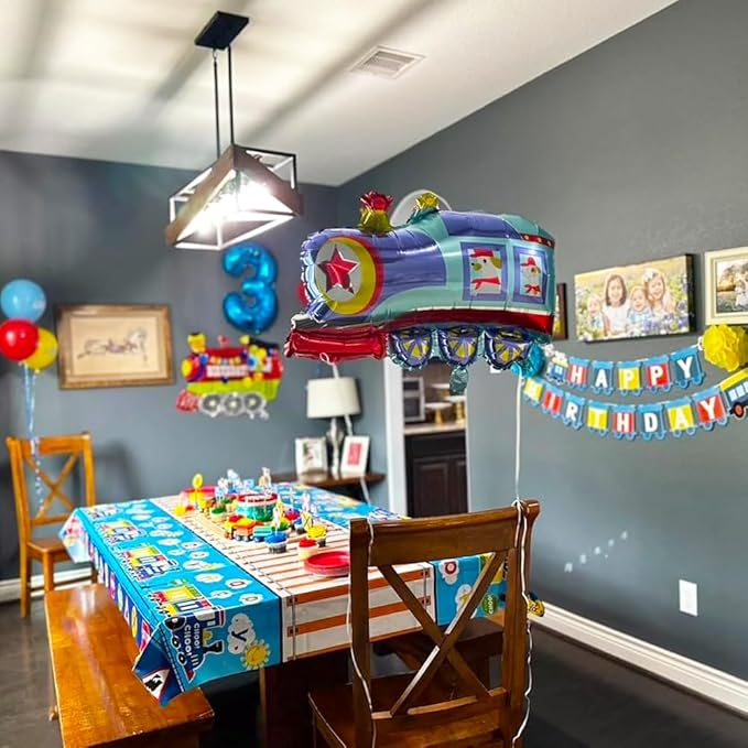 3rd Train Birthday Decorations Boys,3 Years Old Birthday Party Supplies Blue Number 3 Foil Balloons Locomotive Banner,Train Patterned Balloon,Cake Topper