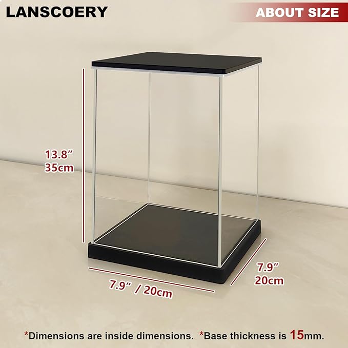 LANSCOERY Acrylic Display Case with Adjustable Yellow/White/Warm LED Light, UV Protection Clear Display Box, Dustproof Showcase for Action Figures, Models, Collectibles - 7.9x7.9x13.8inch