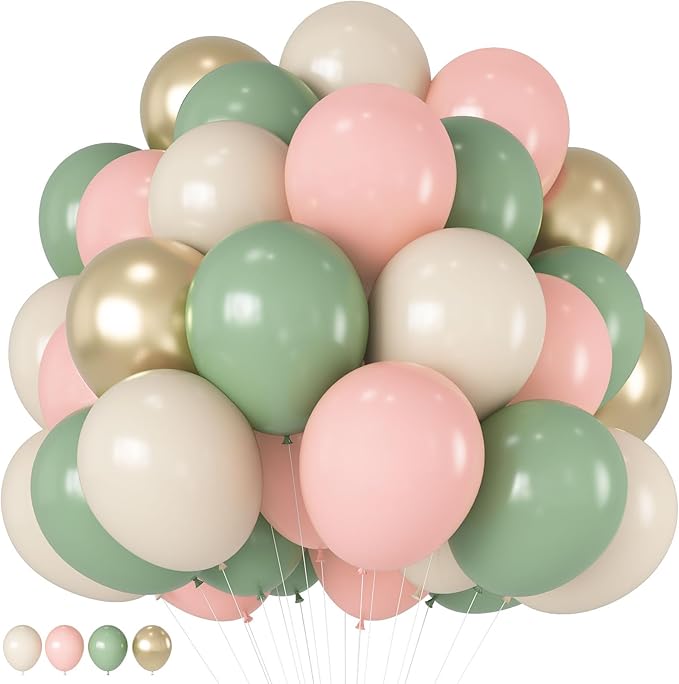 Sage Green Pink Balloons 12 Inch Olive Green Pastel Pink Ivory Metallic Gold Latex Balloon for Boho Baby in Bloom Fairy Floral Wildflower Tea Safari Jungle Baby Shower Birthday Party Decoration