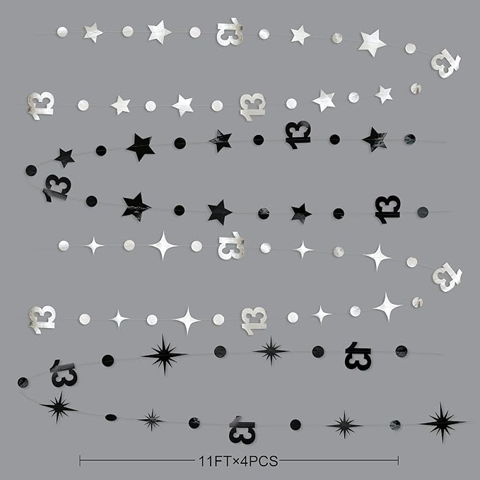 Silver Black 13th Birthday Decorations Number 13 Circle Dot Twinkle Star Garland Hanging Streamer Bunting Banner Backdrop Girls Boys 13 Years Old Birthday Thirteen Official Teenager Party Supplies
