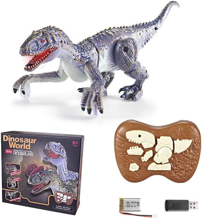 Remote Control Dinosaur for Kids, LED Walking Electric RC Toy, 2.4GHz, Multi-Color, ABS Plastic, Rechargeable (Blue)