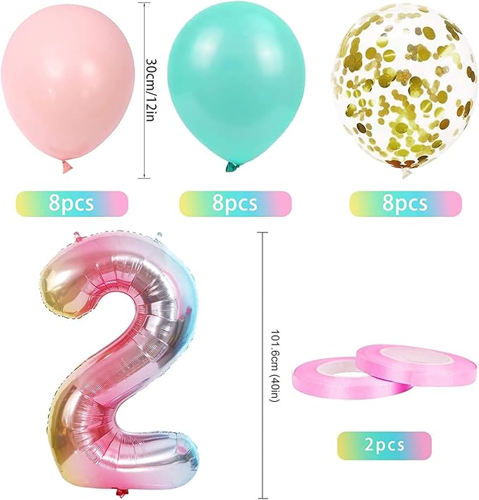 2nd Birthday Decorations for Girls - Gradient Color Age 2 Balloons with Happy Birthday Banner for Baby Showers & Parties