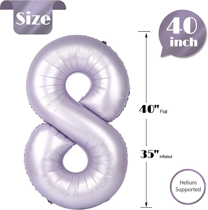 Lilac Number 8 Balloon 40 Inch, 8th Birthday Party Decorations for Children, Giant 8 Foil Balloon for Party Supplies