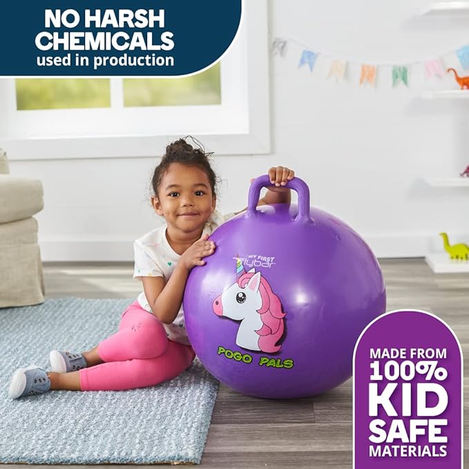 Flybar Hopper Ball for Kids, Inflatable Bouncy Ride-On Ball w/ Handle for Indoor & Outdoor Active Play, Includes Pump, Jump Ball Toy for Boys & Girls, Supports Up to 165 lbs, Ages 3+, 18-Inch, Small