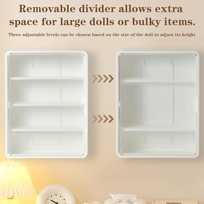 4-Tiers Clear Display Case for Figures, Wall-Mounted Display Box with Adjustable Shelves, Dustproof Display Cabinet Organizer for Mini Figures, Blind Box Toys and Collectibles (White)