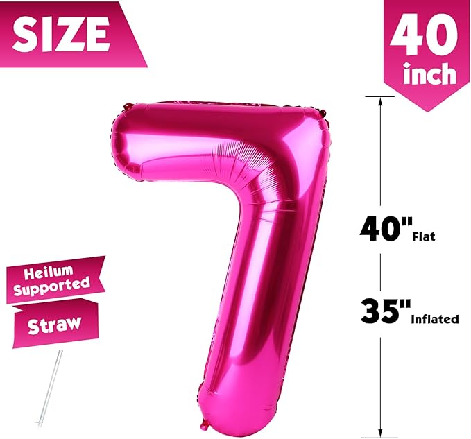 40 Inch Hot Pink Number 7 Balloon, Giant 7 Number Balloons for 7th Birthday Decorations, Party Supplies for Baby Boy Girl, Hot Pink Party Decor