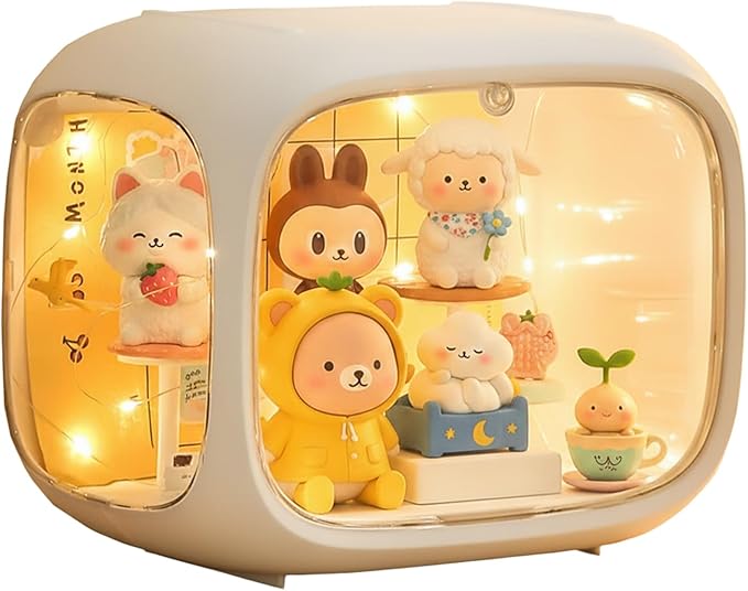 Display Case for Figures with Light, Adjustable Acrylic Display Figures, Tabletop Clear Display Box with Door Dust and Moisture Proof for Lego Collectibles Figures and Pop Mart