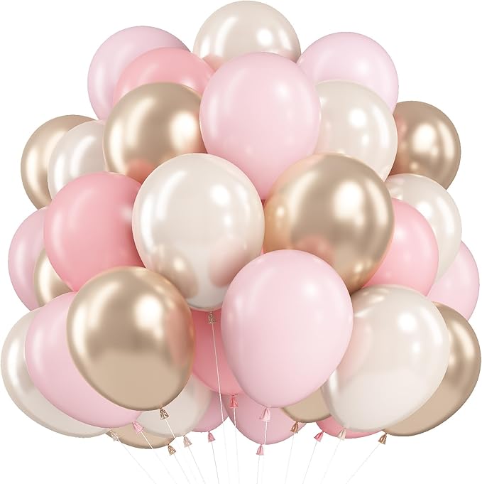 Pink and Gold Balloons 12 Inch Pastel Light Baby Pink Double Stuffed Sand White Sand Beige Champagne Gold Metallic Latex Party Balloon for Boho Birthday Baby Bridal Shower Wedding Party Decor