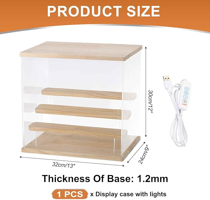 MECCANIXITY Clear Display Case, 4 Layer Acrylic Figure Display Case Clear Display Boxes for Collectibles, Figures Model Toys Home Storage(with Square LED Light, 13x9x12 Inch Wood Base)