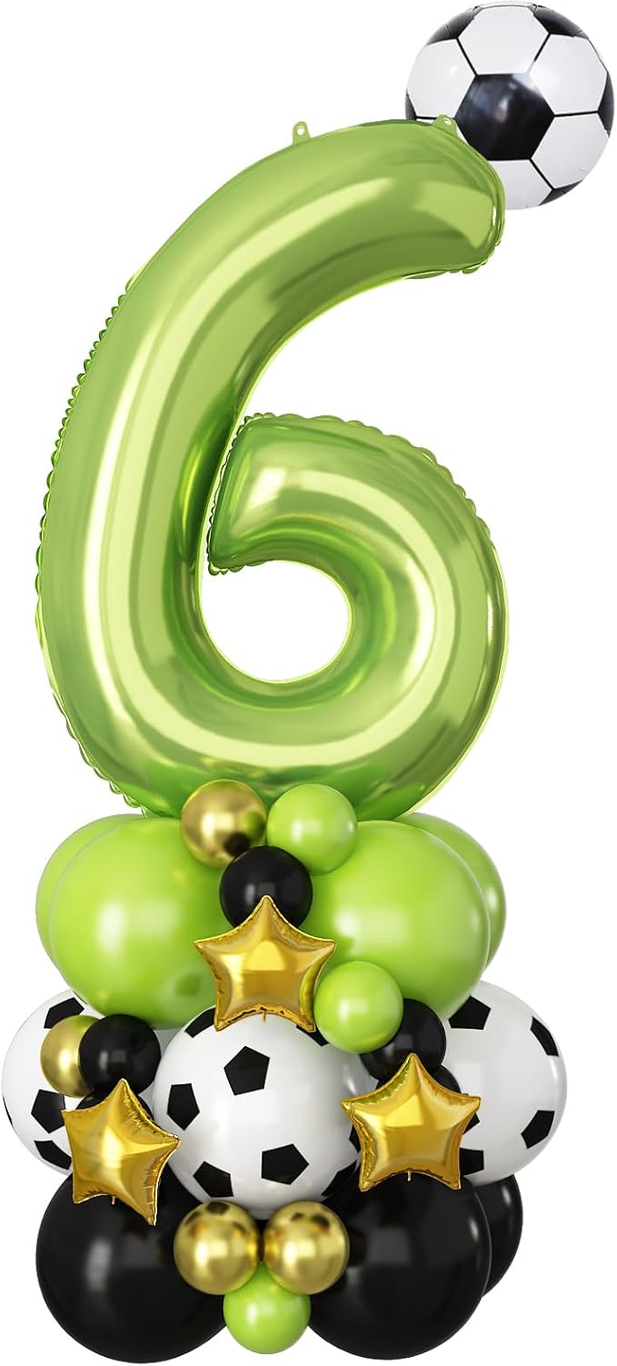 40 Inch Number 6 Balloon Green Soccer Number Six Foil Balloons Tower Set for Boys 6th Birthday Party Decorations Giant Large Digital Aluminum Balloons Stack for Football Lover World Sports Game