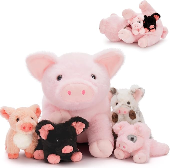 5 Pcs Pig Stuffed Animal Plush - Pink Mommy 16" with 4 Little Piggy in Her Zippered Tummy - Cute Plushie Toy Gift for Girls and Kids
