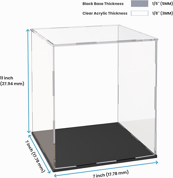 Acrylic Display Case for Collectibles and Toys, Versatile Clear Acrylic Display Box with Black Base for Action Figures and Trophy, 7x7x11-inch