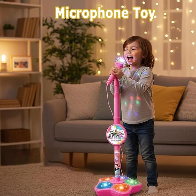 The All-in-One Microphone Toy, 2026 New Toy Microphone for Kids with Stand & Colorful Lights, Got Built-in Music, Echo Effects, Fun and Easy-to-Use, for Little Singers (Pink)