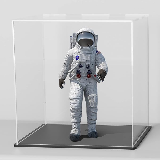 Acrylic Box with Matt Black Base, Simple Self-Assembly Clear Acrylic Display Case, 13x13x13 inch Showcase with Lid for Collections, Figures and Dolls