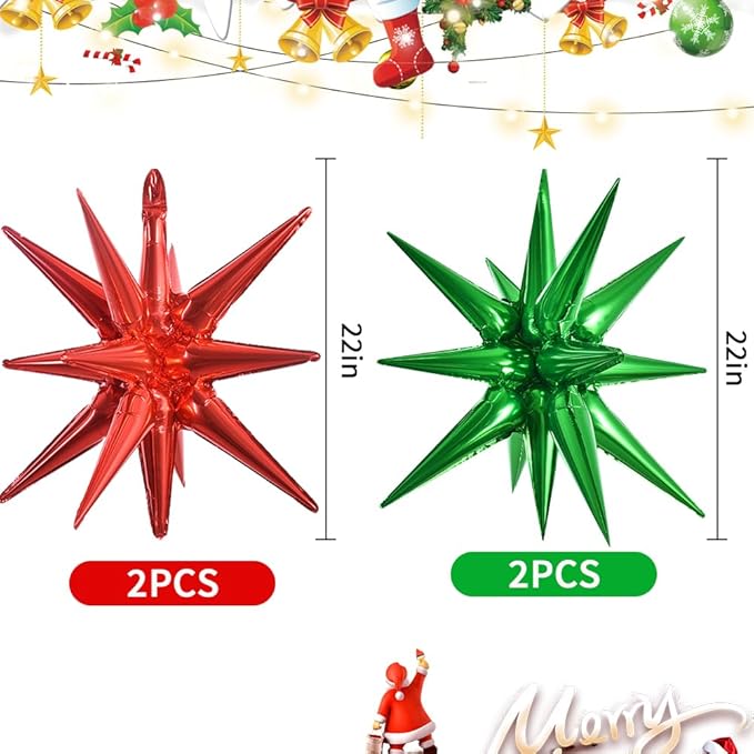 TONIFUL 4 Pcs 22inch 4D Red Green Explosion Star Mylar Balloons 14Point Star Balloons for Party Decorations Backdrop Christmas,New Year Birthday, Wedding Baby Shower Anniversary Photo Booth Supplies