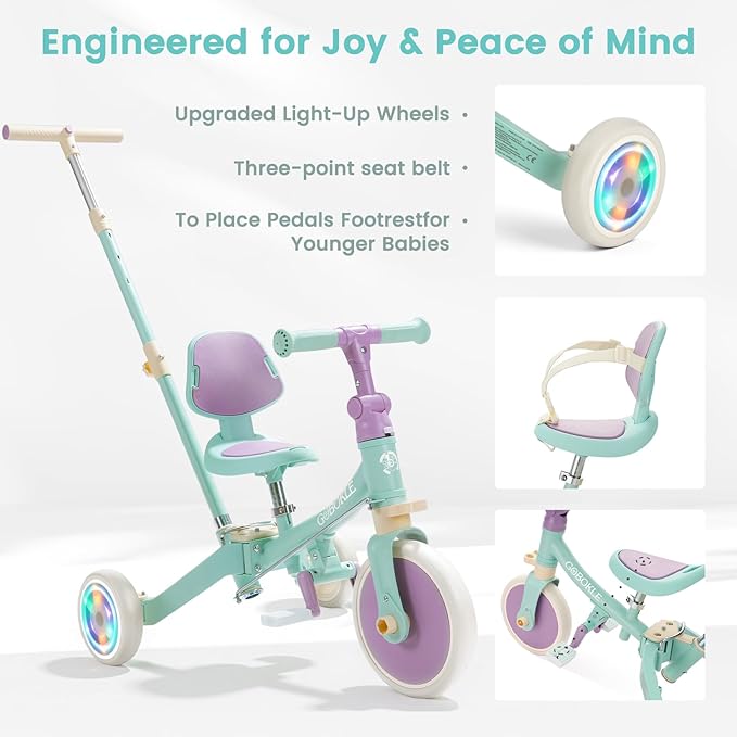 5-in-1 Tricycle for Toddlers 1-3, Convertible Toddler Bike with Push Handle & Removable Pedals, Balance Bike with Colorful Lighting Wheels, Adjustable Seat Height with Backrest(Green-Purple)