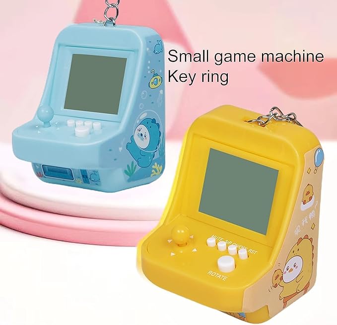 1PC Blue Micro Player Mini Arcade Machine with Keychain, 26 Classic Game Modes Support Music Mini Building Block Game Console for Plug and Play Video Games Automotive Trim Automobile Keychains