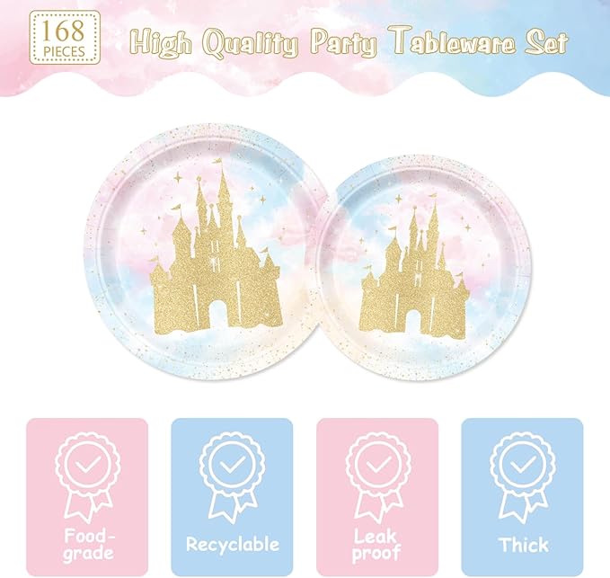 168pcs Princess Party Decorations Castle Paper Plates Napkins Disposable Tableware Set Paper Cups Watercolor Pastel Rainbow Princess Castle Birthday Party Supplies Serves 24