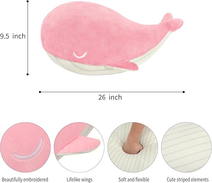MUPI Whale Stuffed Animals Plush Pillow 4 Size Cute Soft Cotton Plushies Pillows Kawaii Blue Whale Toy Gifts for Kids Boys Girls Adults (Pink, 23 Inch)