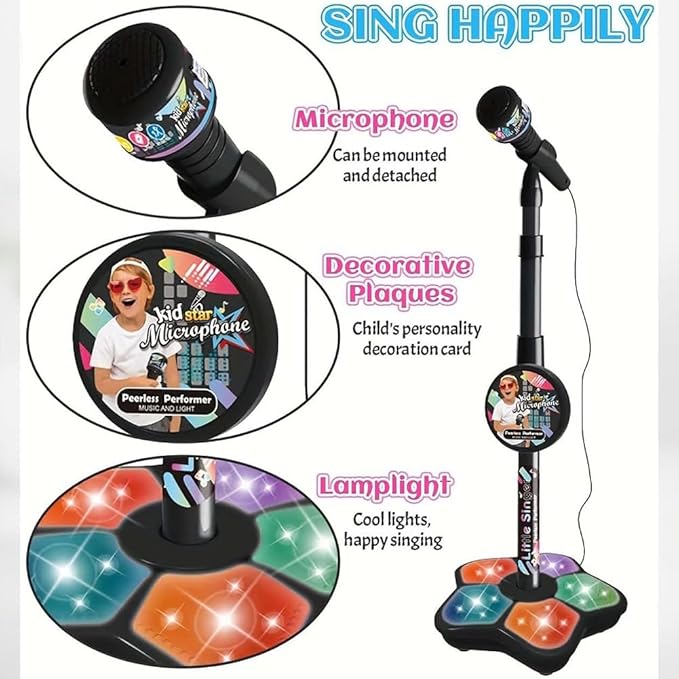 The All-in-One Microphone Toy, 2026 New Toy Microphone for Kids with Stand & Colorful Lights, Got Built-in Music, Echo Effects, Fun and Easy-to-Use, for Little Singers (Blue)