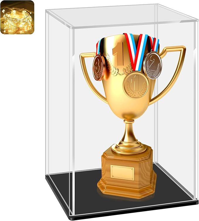 LANSCOERY Acrylic Display Case, Assemble Showcase Display Box for Collectibles, with Dustproof & Seamless Display Design 10x8x12inch Black Base
