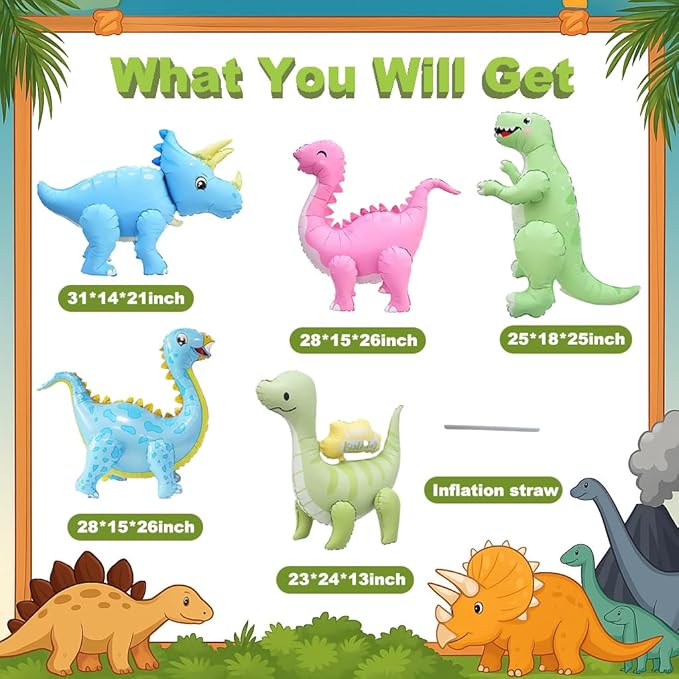 LilyZheng 5-Pack Self-Standing 3D Dinosaur Balloons Pastel Foil Balloons Inflatable Dino Party Decorations for Kids Birthday Jurassic Theme Dinosaur Supplies