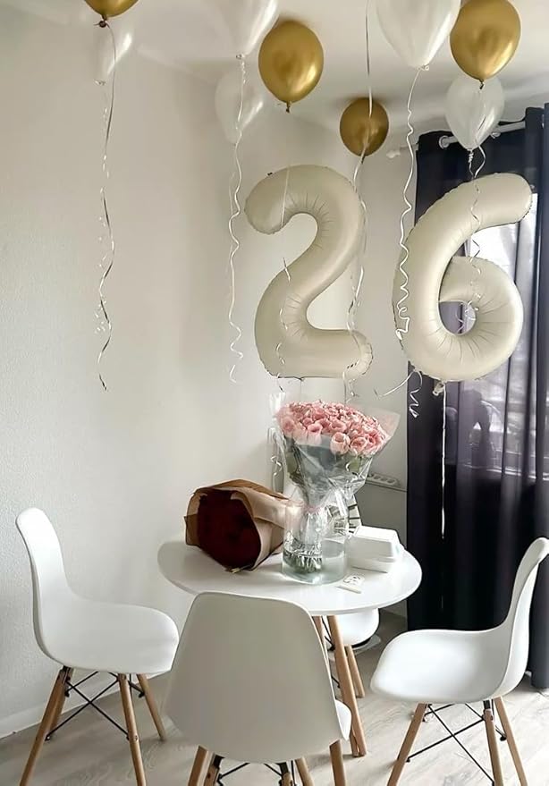 Balloons Number 26 Cream, Foil Happy 26th Birthday Balloon for Men & Women,40 Inch Large Balloons for 2 6 26 62 2026 Wedding Marriage Proposal Engagement Decorations