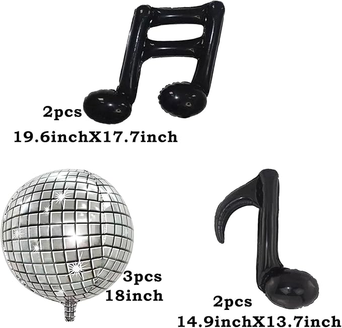 FBQ 18 Inch Silver Disco Balloon Black Music Note Balloons Music Themed 70s 80s 90s Band Party Decorations Supplies