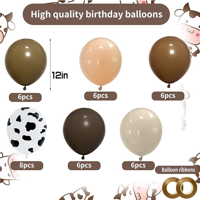 Western Cowboy Balloons, 60pcs 12inches Cow Print Nude Blush Brown Gold Balloons, Party Balloons for Cowboy Birthday Baby Shower Farm Western Cowboy Cow Themed Party Decorations