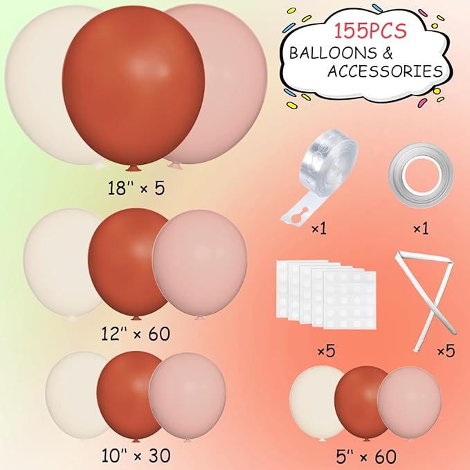 Orange Pink Blush White Balloon Garland Arch Kit, 155Pcs Latex Balloons Different Size 18 12 10 5 inch for Baby Shower Gender Neutral Orange Citrus Kids Birthday Party Backdrop Decorations