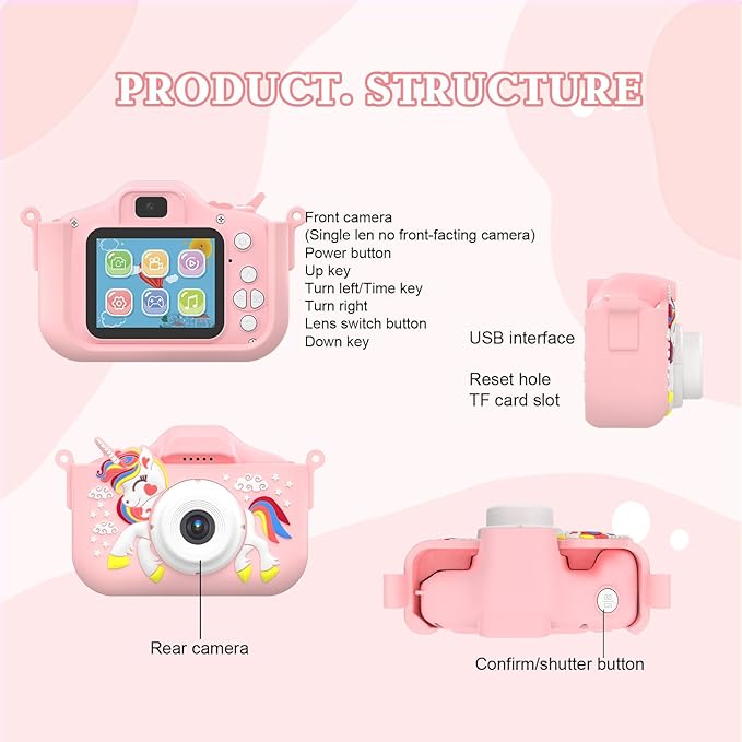 Kids Camera for 3-9 Year Old Boys Girls, Children Digital Camera with Cute Cartoon Soft Cover & 32GB SD Card, Best Christmas Birthday Gifts for Grandkids, Halloween Party Favors for Kids - Pink