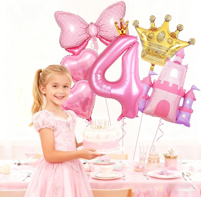 Princess Balloons for 4th Birthday Decorations Girl Pink Castle Balloon Large Pink Crown Number 4 Balloons for Princess Birthday Party Decorations Supplies