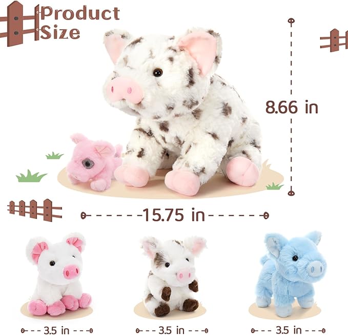 Pig Stuffed Animal Plush 5Pcs - Mommy Spotted 16" with 4 Little Piggy in Her Zippered Tummy - Cute Plushie Toy Gift for Girls and Kids